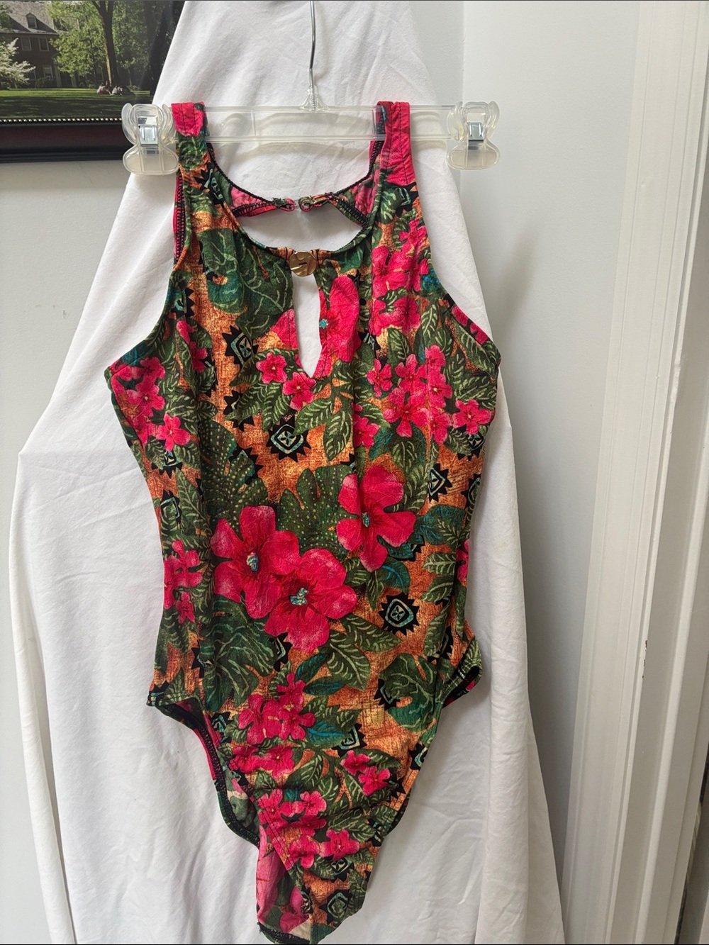Athena Pink & Green Tropical Floral One-Piece Swim size 12